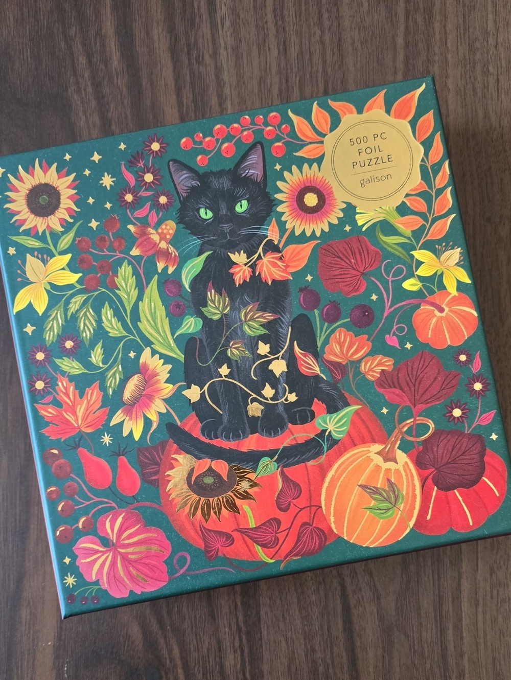 GORGEOUS Galison Whiskers Of Autumn 500-Piece Foil Puzzle - Green/Black/Orange